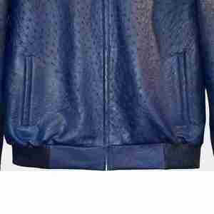 Men's Blue PU Bomber Jacket Embossed Pattern Zipper Closure Turn-<b>down</b> Collar Casual Autumn Style Regular Fit - Product Image 5