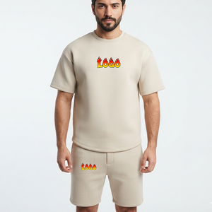 Ensemble T-shirt et short décontracté en coton beige pour homme avec impression de logo personnalisé, respirant, 2 pièces, col rond, manches courtes, idéal pour l'été - Product Image 4