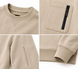 Sweat-shirt pour homme beige à col rond, coupe ample, couleur unie, poche zippée, style décontracté, tricot en coton, style hiver, pull, écologique - Product Image 5