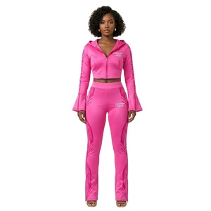 Custom Logo OEM Summer Women's Streetwear Tracksuits 2-Piece <b>Set</b> Zipper-Up Hoodie Flare Pants Breathable Women Two Piece <b>Set</b> - Product Image 2