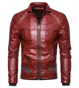 <b>Men</b> <b>Brown</b> PU <b>Leather</b> Moto <b>Jacket</b> With Fur Collar Zipper Closure Winter Outerwear Slim Fit - Product Image 6