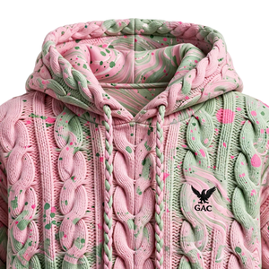 Pull à capuche rose et vert en tricot torsadé, motif éclaboussures de peinture, cordons de serrage tressés, manches longues, poignets et ourlet côtelés, style streetwear tendance - Product Image 4