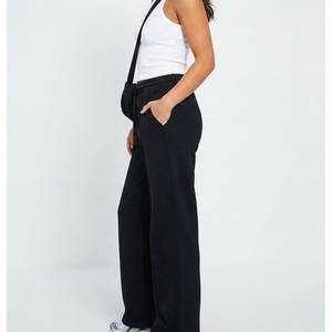 Pantalon de survêtement droit 100 % coton noir pour femme, taille haute, coupe ample, en molleton bouclette doux avec cordon de serrage - Product Image 2