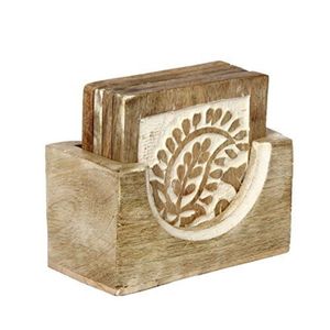Handcrafted Mango Wood <b>Coaster</b> Set with Holder, Natural <b>White</b> Wash Finish, Decorative Rustic Kitchen Table Accessories <b>Coasters</b> - Product Image 1
