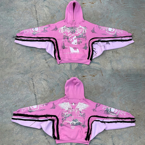 Sudadera con Capucha Rosa Gótica con Mangas de Murciélago y Estampado de Calavera, Sudadera Unisex de Punto Oversize con Diseño de Logotipo Frontal, Estilo Otoñal - Product Image 4