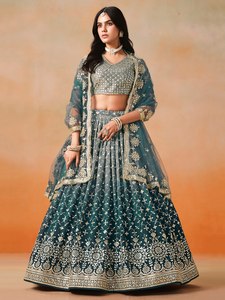 <span class=keywords><strong>Robe</strong></span> de <span class=keywords><strong>demoiselle</strong></span> <span class=keywords><strong>d</strong></span>'<span class=keywords><strong>honneur</strong></span> en organza turquoise brodé, style lehenga, avec crop top et dupatta, col en V, coupe trapèze, longueur ras du sol, séchage rapide, dos nu - Product Image 1