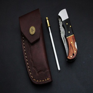 Handmade Damascus Steel Folding Knife with Two Tone Wood Handle Leather Sheath Utility survival camping knives A&M Enterprises - Product Image 2