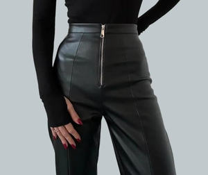 Women Genuine Leather Sexy High Waist Pants Girls Real Sheep Pure Leather Leggings Tights <b>Flared</b> bottom Gothic Trouser - Product Image 4