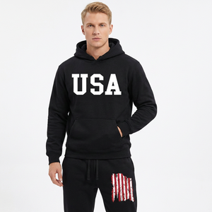 Unisex USA Printed Solid Fleece <b>Hoodie</b> and Pants Tracksuit Set Black Cotton Casual Autumn Wear Full Sleeve Drawstring Joggers - Product Image 2