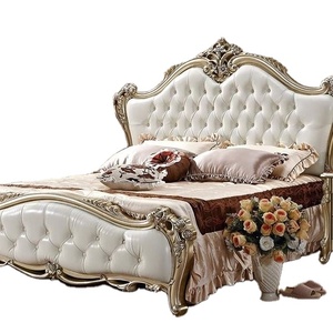Lit de luxe sculpté style français argent peint en bois d'acajou massif King size-meubles en bois antiques Fabrication artisanale - Product Image 1