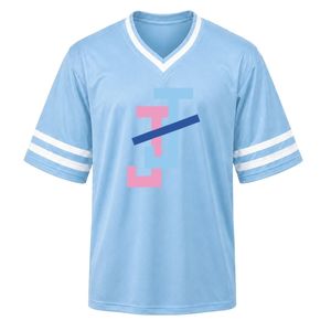 เสื้อกีฬาปักลายวีเนคสีฟ้าอ่อน แขนสั้น ลายทางสีขาว เสื้อทีมกีฬาน้ำหนักเบา ชุดทีม - Product Image 1