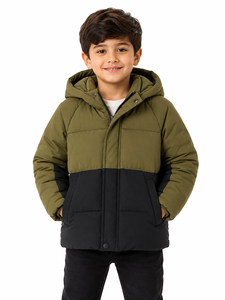 Blouson matelassé à capuche pour garçons, couleur olive et noir, chaud, hiver, manches longues, léger, fermeture éclair - Product Image 1