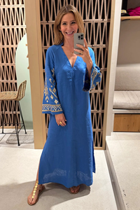 เดรสยาวทรงโบฮีเมียน แขนพอง สีน้ำเงินรอยัล ปักลาย คอวี ผ้าฝ้าย 100% เป็นมิตรกับสิ่งแวดล้อม พิมพ์ลายดอกไม้ ทรงหลวม - Product Image 6