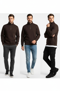 Sweat-shirt décontracté marron uni pour homme avec col montant et fermeture éclair quart de tour, manches longues, vente en gros - Product Image 3