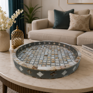 Bandeja Redonda para Servir con Incrustaciones de Madreperla |   Bandeja de Madera de Lujo Hecha a Mano |   Bandeja de Cocina Premium para Regalo de Decoración del Hogar en Ramadán y Eid Árabe - Product Image 3