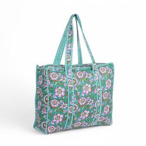 Sac fourre-tout matelassé en toile de coton à pois, avec anse longue, style bohème, pour la plage et les voyages, grande capacité, blanc et bleu - Product Image 2