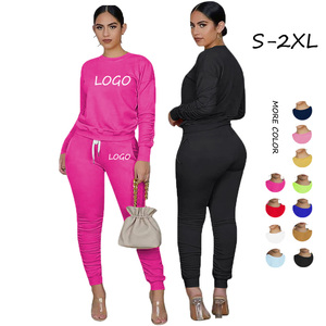 Conjunto de 2 Piezas Tejido para Mujer, Sudadera de Manga Larga con Cuello Redondo y Bolsillo, Leggings Ajustados hasta el Tobillo, Color Sólido - Product Image 1