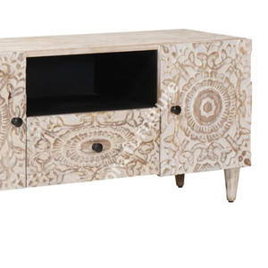 Luxury Handcrafted Solid Wood Entertainment Center Ornate Mandala Carving Whitewash <b>TV</b> Console - Product Image 3