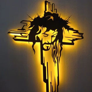 Decoración de Silueta Cristiana Art Deco con Retroiluminación LED |   Letrero Religioso Moderno con el Sagrado Corazón de Jesús, Retrato Metálico Retroiluminado - Product Image 1