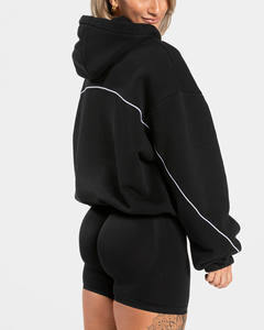 Sweat à capuche noir surdimensionné personnalisé avec logo OEM, en molleton de coton avec passepoil, respirant, pour femme, idéal pour le sport - Product Image 2