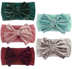Serre-têtes élastiques en nylon avec grand nœud en velours pour enfants, bandeau doux et élastique en tissu gaufré, couleur unie - Product Image 3