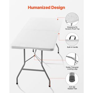 6 Ft Heavy-Duty Portable Folding <b>Table</b> Indoor <b>Outdoor</b> <b>Plastic</b> Rectangle Utility <b>Table</b> with Built Handle - Product Image 6