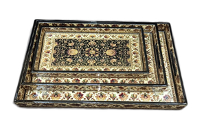 Oriental Lacquered Wood <b>Storage</b> <b>Tray</b> Rectangle Floral Design Stackable Tableware Single Compartment Decorative <b>Trays</b> - Product Image 2