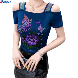 Camiseta de mujer personalizada con hombros descubiertos, negra lisa, con manga corta de pedrería, cuello cuadrado, ajuste ceñido, top de primavera-verano - Product Image 5