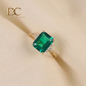 Luxury Trendy Solid Yellow Gold 14KT <b>Ring</b> With Lab Grown Diamond and Colombia Emerald for Women's Fine <b>Custom</b> Jewelry - Product Image 2