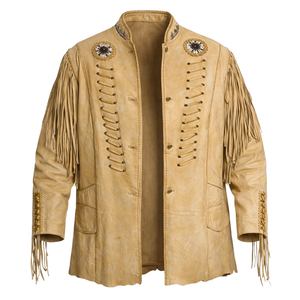 Unique Men’s Vintage Tan <b>Suede</b> Fringe Leather <b>Jacket</b> Western Cowboy Lace Up Style with Tassel Detailing Bulk Order - Product Image 1