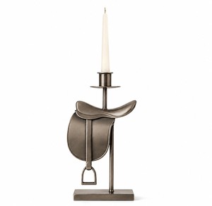 Stylish Metal Candle Holder Inspired By An Equestrian Saddle And Stirrup With A Classic <b>Silver</b> Finish For Elegant Table Decor - Product Image 1
