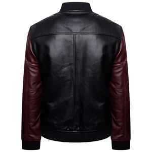 Wholesale <b>Men's</b> Black PU Leather <b>Bomber</b> <b>Jacket</b> With Burgundy Sleeves Embroidered Logo Turn-down Collar Regular Fit Autumn Wear - Product Image 3