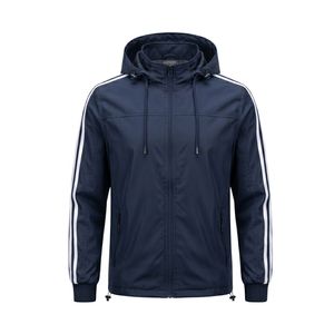 Sleeve Stripe Sporty Polyester Casual Windbreaker Jacket Men <b>Athletic</b> Training Hooded Track Coat Waterproof Zipper Jackets - Product Image 1