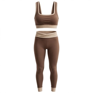 Conjunto de Yoga para Mujer: Sujetador Deportivo con Espalda Cruzada y Cuello Redondo, Leggings de Cintura Alta de Longitud Completa, Color Marrón Sólido, Acanalado, Sin Costuras, de Spandex/Nylon Térmico - Product Image 1
