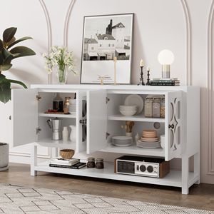 Elegante Consolle Retrò con Ripiani Spaziosi e Gambe in Legno di Acacia Resistente per Soggiorno, Mobile Contenitore o Credenza con Ante a Specchio - Product Image 3