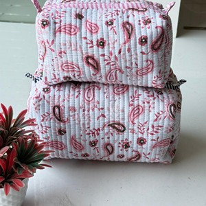 Paisley Pattern Cotton Cosmetic <b>Toiletry</b> <b>Bag</b> Set with Zipper Closure Portable Makeup Pouches in Pink and White Design - Product Image 2