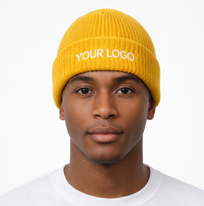 Custom Logo <b>Yellow</b> Rib Knit Cuffed <b>Beanie</b> Ribbed Knit <b>Beanie</b> with Custom Embroidered Logo Winter Cuffed Knit Hat - Product Image 1