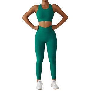 Women's White Yoga Set Seamless Racerback <b>Crop</b> Top High Waist Full Length <b>Leggings</b> 2 Piece Activewear - Product Image 2