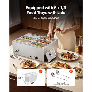 Scaldavivande Elettrico Commerciale in Acciaio Inox da 1500W con Capacità di 6 Vaschette, Controllo Manuale della Temperatura, Riscaldamento Rapido - Product Image 3