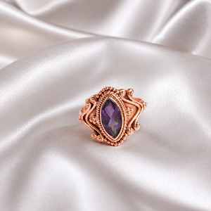 Bague pour femme en argent sterling 925 avec améthyste violette naturelle taille marquise, sertie à la main, style vintage, or rose - Product Image 3