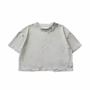 Distressed T Shirt Custom Logo Heavyweight Streetwear T Shirts Trendy Distressed Ripped Holes design - Product Image 1