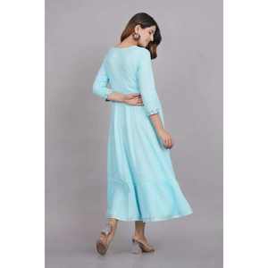 Vestido Casual Azul Cielo para Mujer, Bordado, Manga Tres Cuartos, Tejido de Algodón, Fabricante de la India - Product Image 4