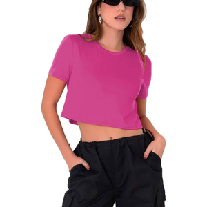INDEX APPAREL Women's Pink Crop <b>Top</b> Crew Neck Short Sleeve Solid Color Casual Knitted Cotton T-Shirt Spring Summer Wear - Product Image 2