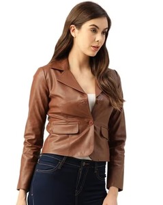 Custom Women's Top Grade Genuine <b>Leather</b> Crop Jacket OEM Round Collar Solid <b>Rivets</b> Design Embroidery Sheepskin <b>Leather</b> Jacket - Product Image 4