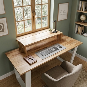 Escritorio de Oficina Moderno de Madera Maciza con Soporte Elevado para Monitor, Estante, Marco Metálico Blanco en Forma de U, Mesa Ergonómica para Escribir, Computar e Estudiar - Product Image 5