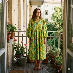Robe midi vintage en coton jaune à imprimé floral papillon, avec manches bouffantes, coupe ample, col en V, robe d'été décontractée - Product Image 3