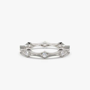 Anillo de Boda Apilable de Moissanita Estilo Art Déco, Chapado en Oro Sólido de 14k, Plata de Ley 925, Oro Amarillo, Anillo de Moissanita para Mujer - Product Image 1