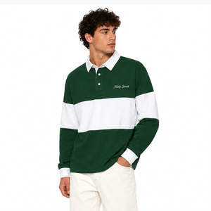 Polo à manches longues en coton premium pour homme, avec rayures contrastées, style rugby, vintage, streetwear, logo personnalisé, décontracté, sportif - Product Image 1