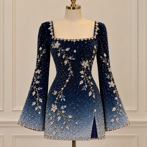 Blue Satin Evening Dress Long Sleeve Sweetheart Beaded Lace Natural Waist Mini Party Floral Sequin <b>Cocktail</b> Dress for Women - Product Image 2