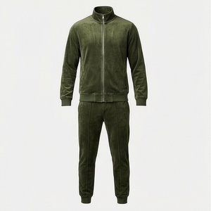 Survêtement en velours vert olive pour homme, fermeture éclair intégrale, col montant, vêtements de sport décontractés, couleur unie, respirant, polyester, ensemble de jogging - Product Image 1